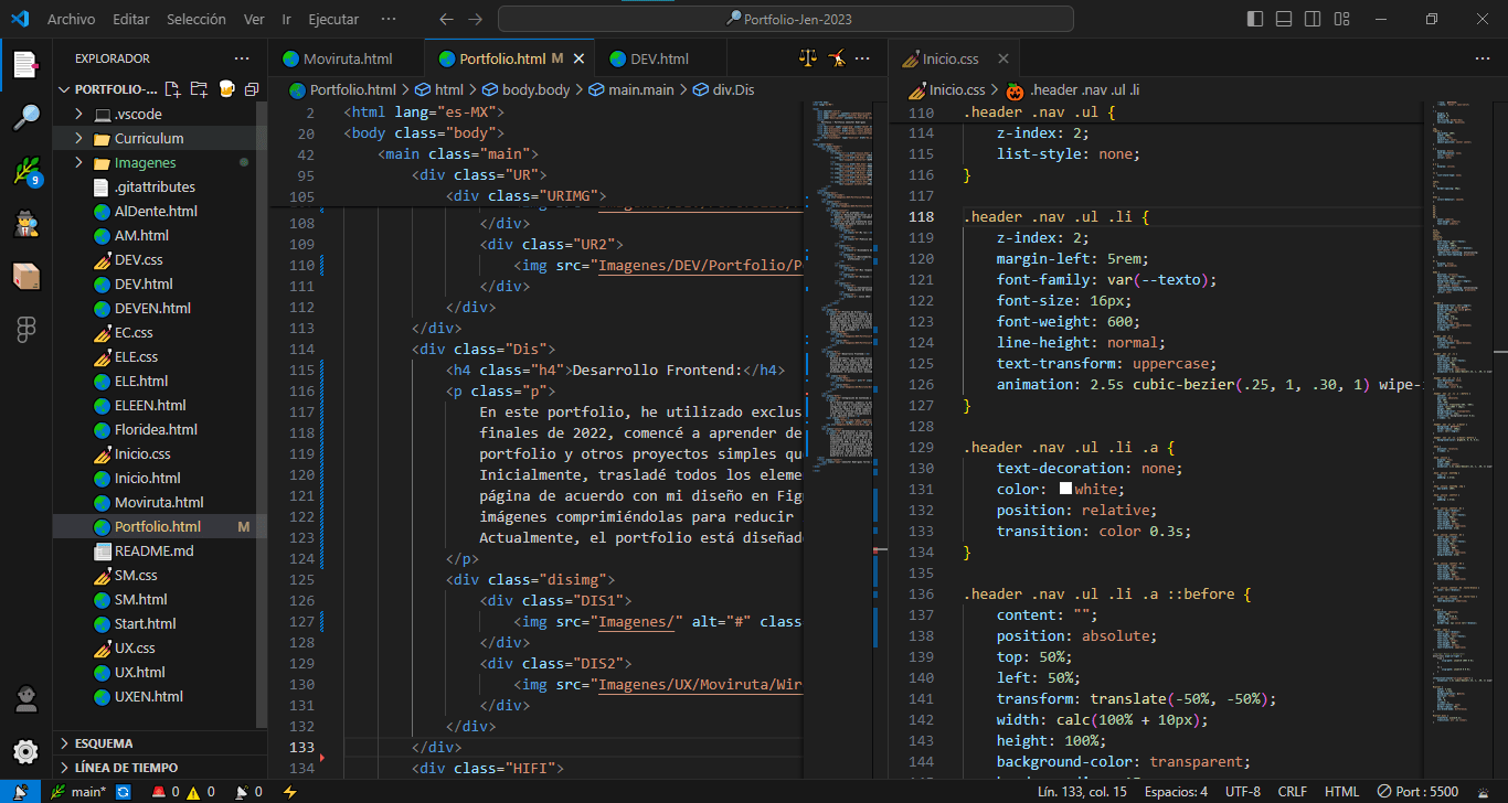 Imagen del codigo html y css del portfolio web