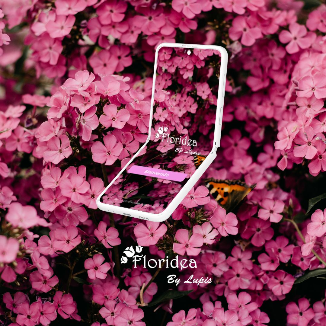 Imagen con fondo de flores y en medio un telefono con el diseño de la aplicacion de floridea