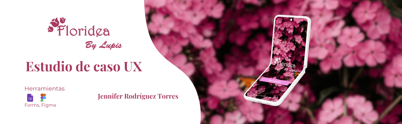 Portada de estudio de caso de Floridea, tiene fondo de flores con una imagen de un celular con la aplicacion de floridea, ademas en fondo blanco del otro lado de la portada esta el texto del titulo Floridea.